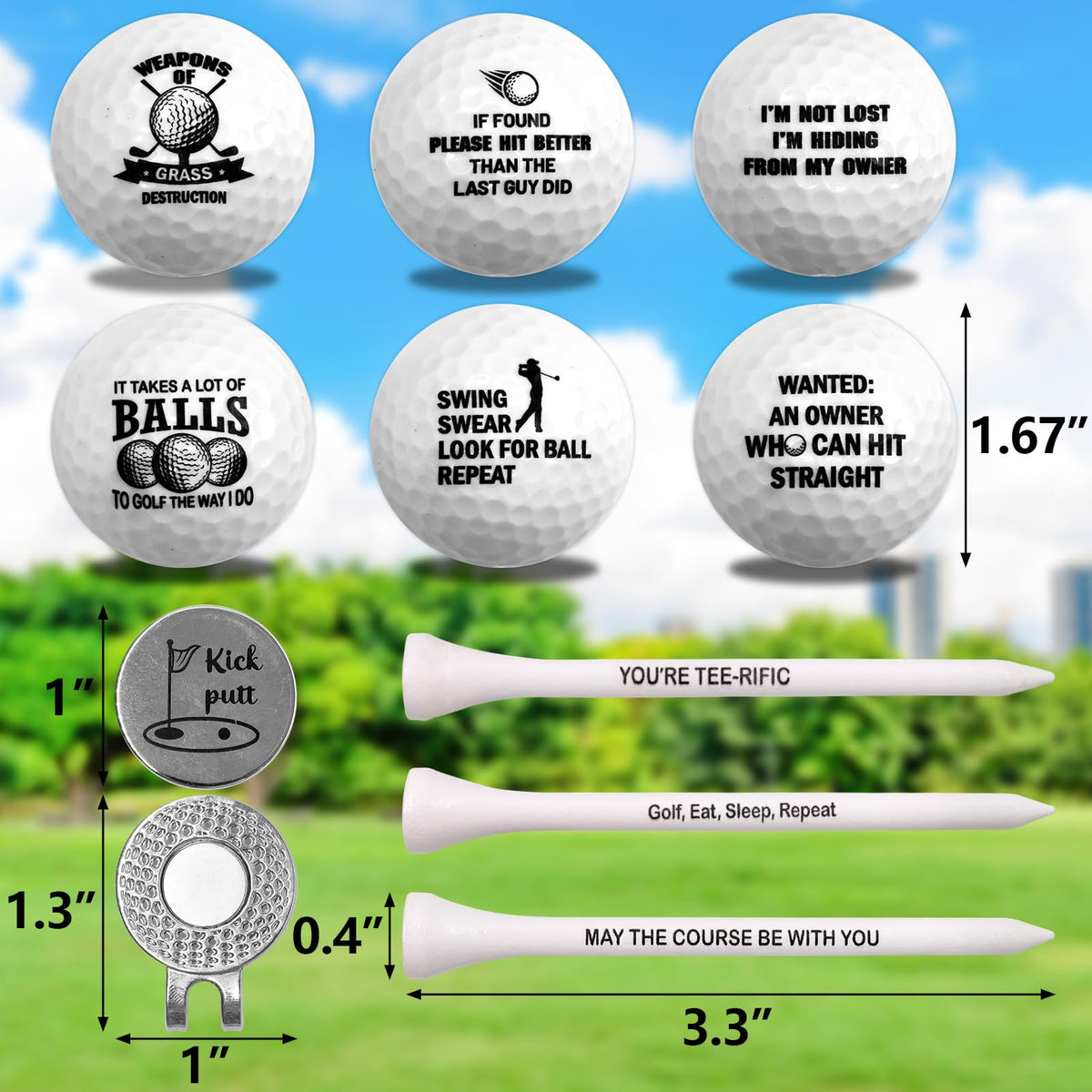 Fancy Land six-pack golf balls with humorous designs