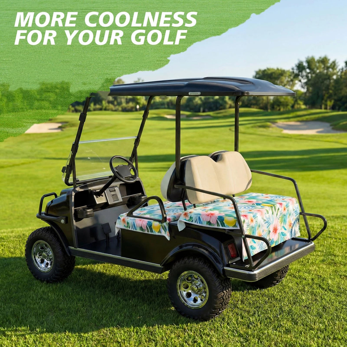 Fanfanwin Hawaiian print set enhances style on EZGO, Yamaha, and Club Car carts.