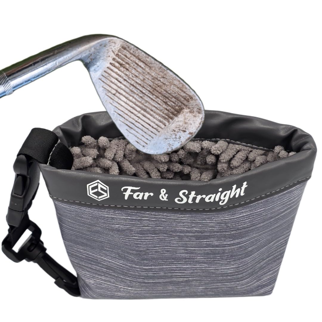 FAR&STRAIGHT golf club cleaning pouch with clip-on design and microfiber interior for gentle cleaning.
