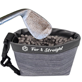 FAR&STRAIGHT golf club cleaning pouch with clip-on design and microfiber interior for gentle cleaning.