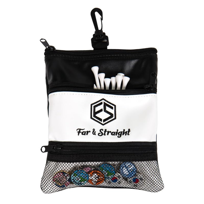 FAR&STRAIGHT pouch with three-compartment storage for tees, markers, and gloves.