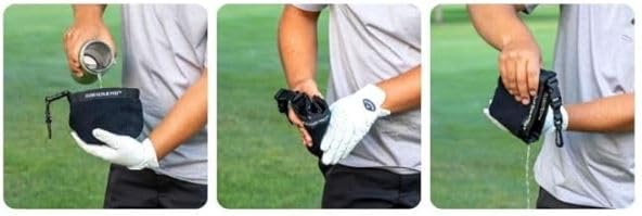 FAR&STRAIGHT olive-green pouch blends with golf gear and travels well.