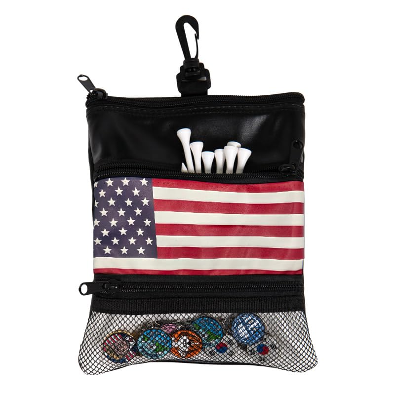 FarStraight golf pouch with three compartments and clip for tees and markers on the course
