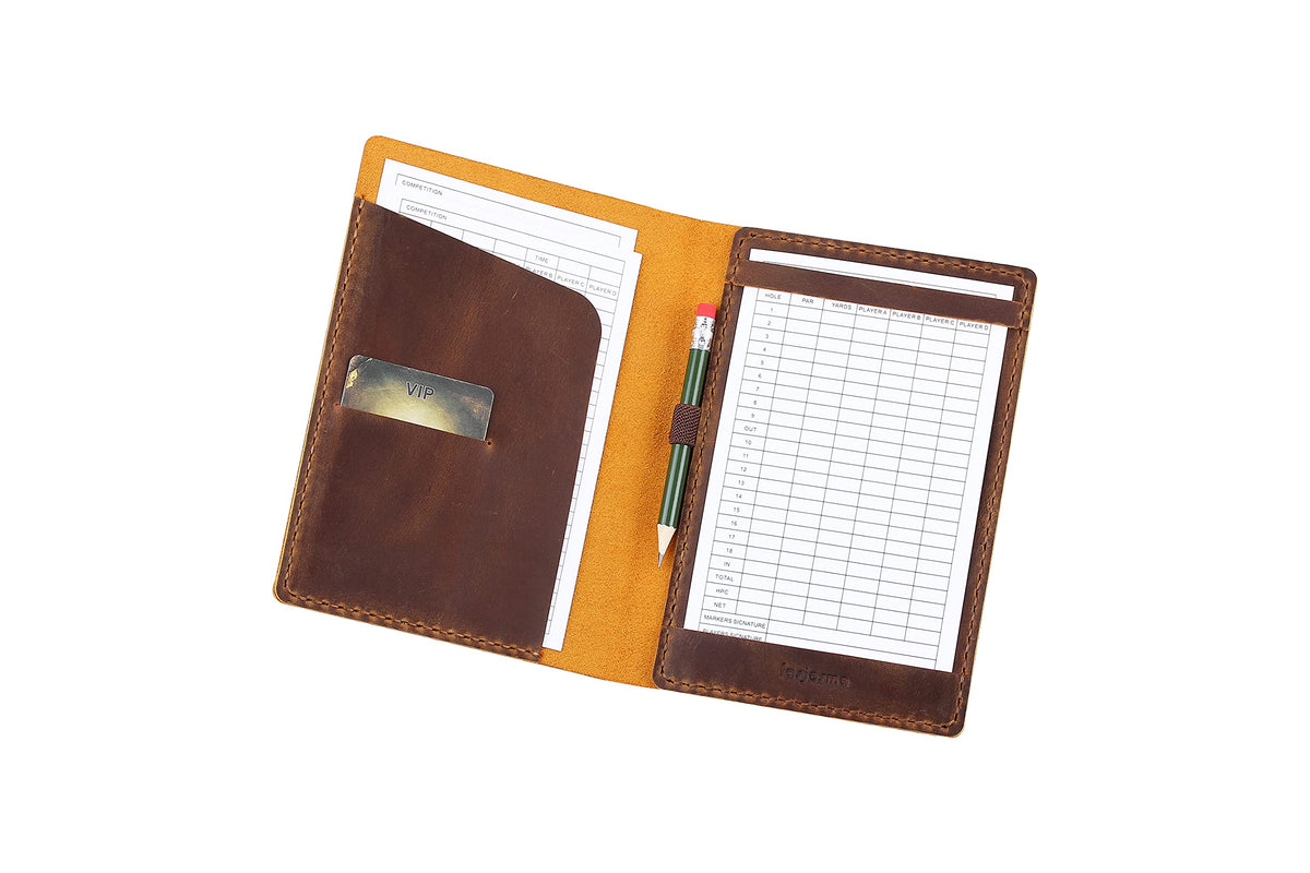Fasjosma brown leather scorecard holder with rugged finish for durable on-course use