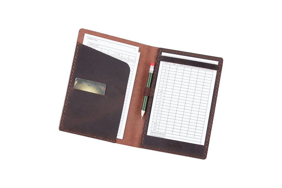 Fasjosma leather golf scorecard holder with pencil loop for easy scoring on the course