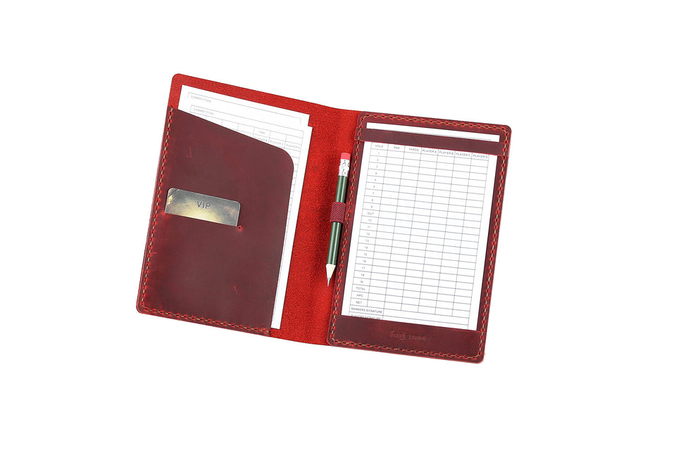 Fasjosma leather golf scorecard holder front view, compact and durable for pocket storage.