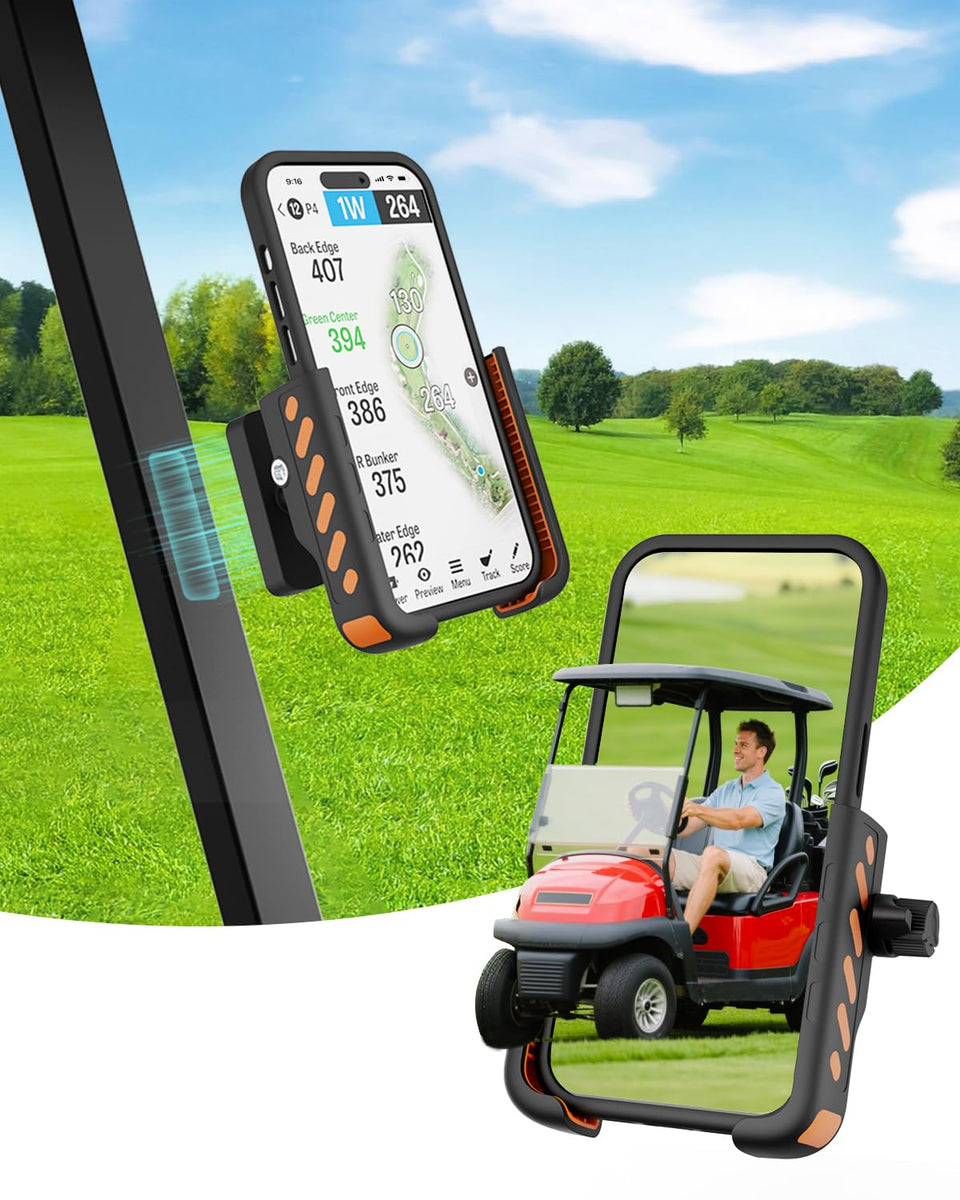 FASON magnetic phone holder on golf cart with ultra-strong magnet grip.