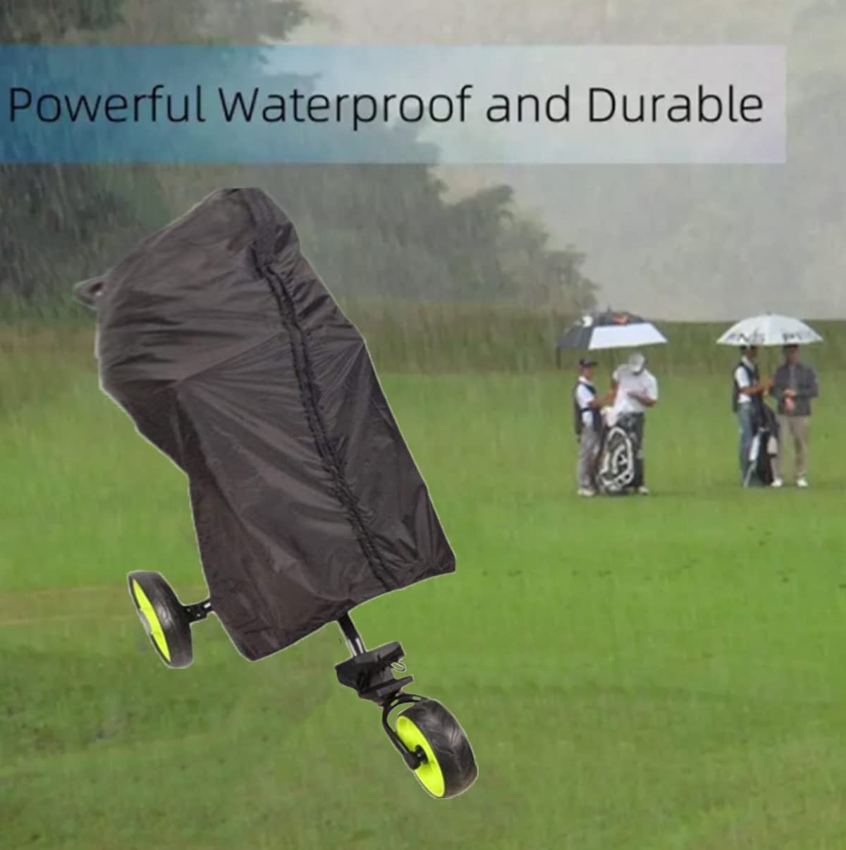 FCOUIID cover in use on a cart protecting bag during rain