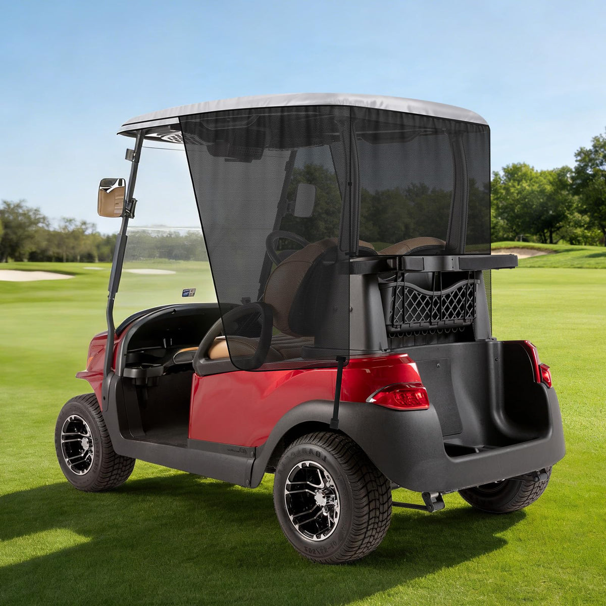 Federedevo sunshade adds modern, stylish aesthetics to a golf cart.
