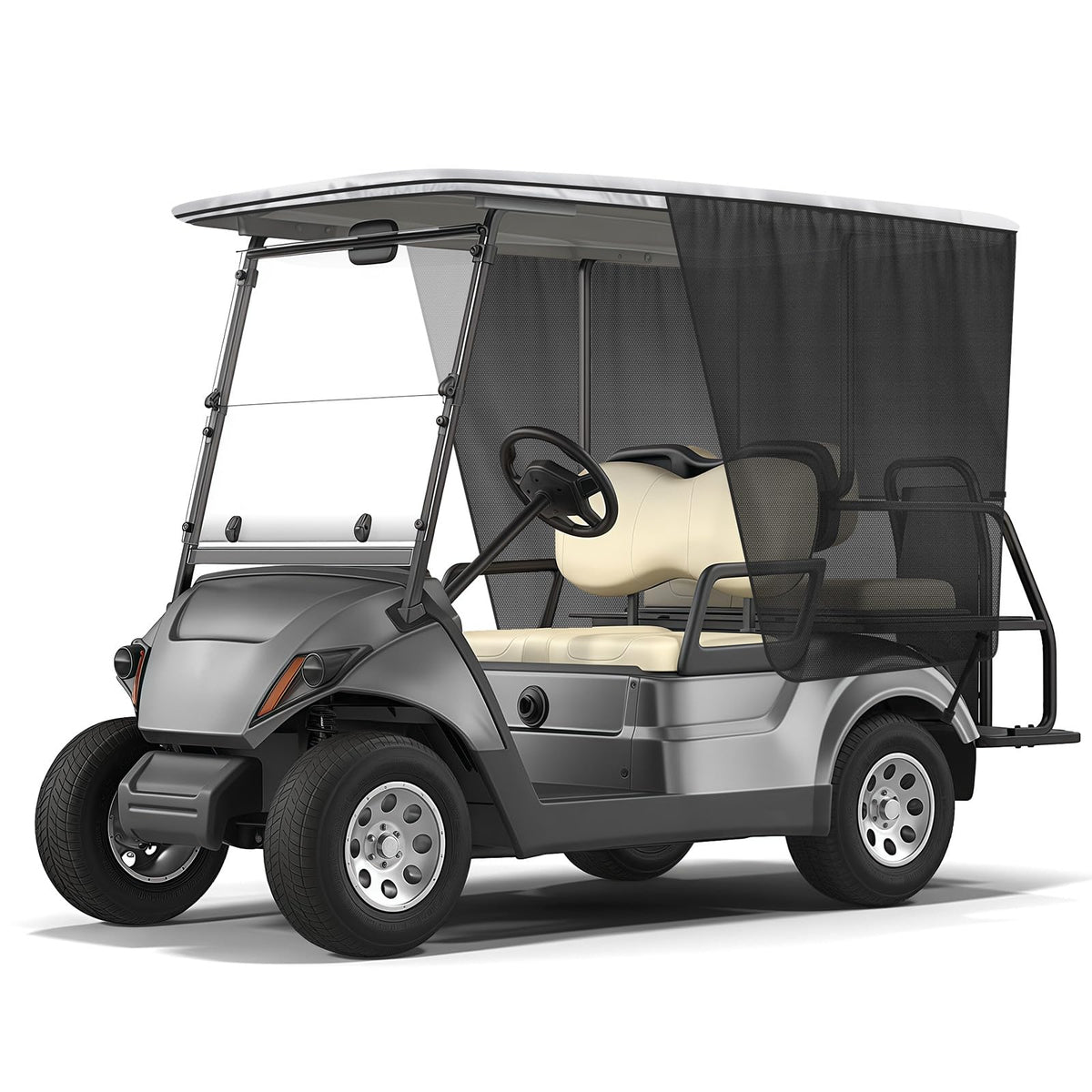 Federedevo 600D sunshade on Yamaha G14/G16 cart provides cooling shade.