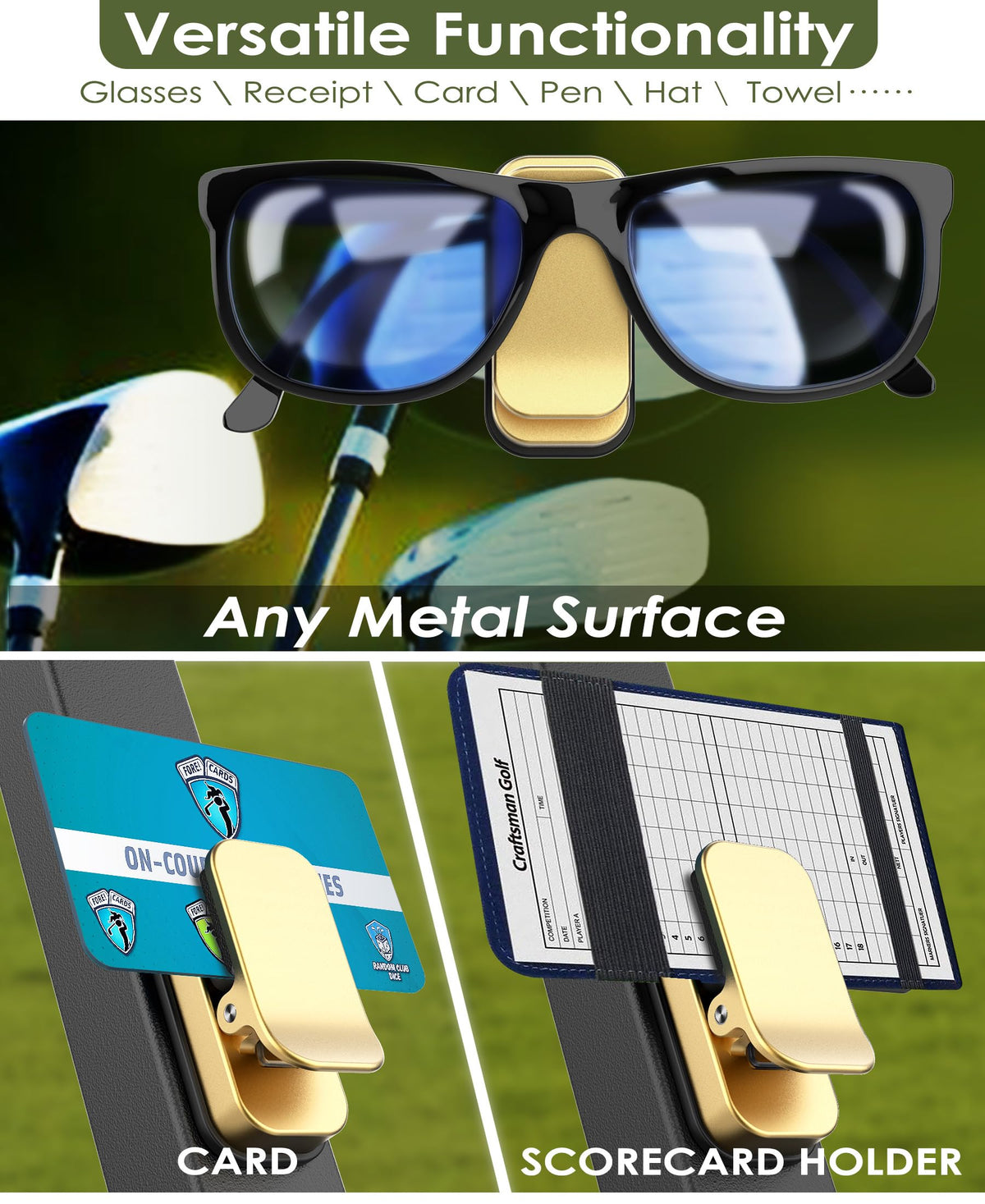 Multi-use clip on metal surface for keys and tees with Femlotank gold