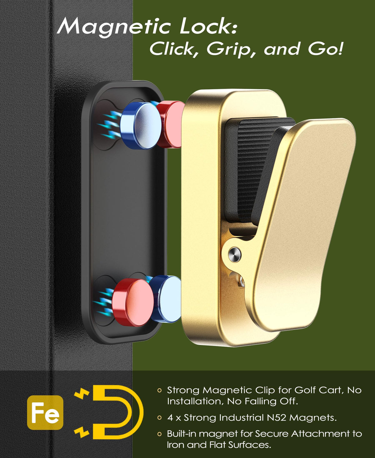 Femlotank gold holder mounted on golf cart showing hands-free sunglasses
