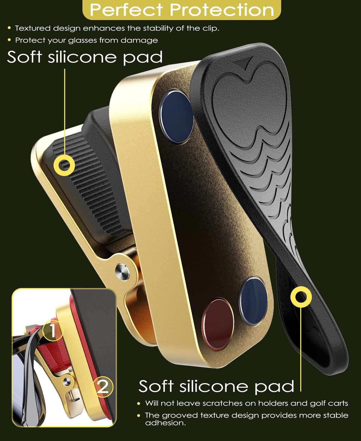 Universal-fit clip secures various eyewear for most golfers with Femlotank gold