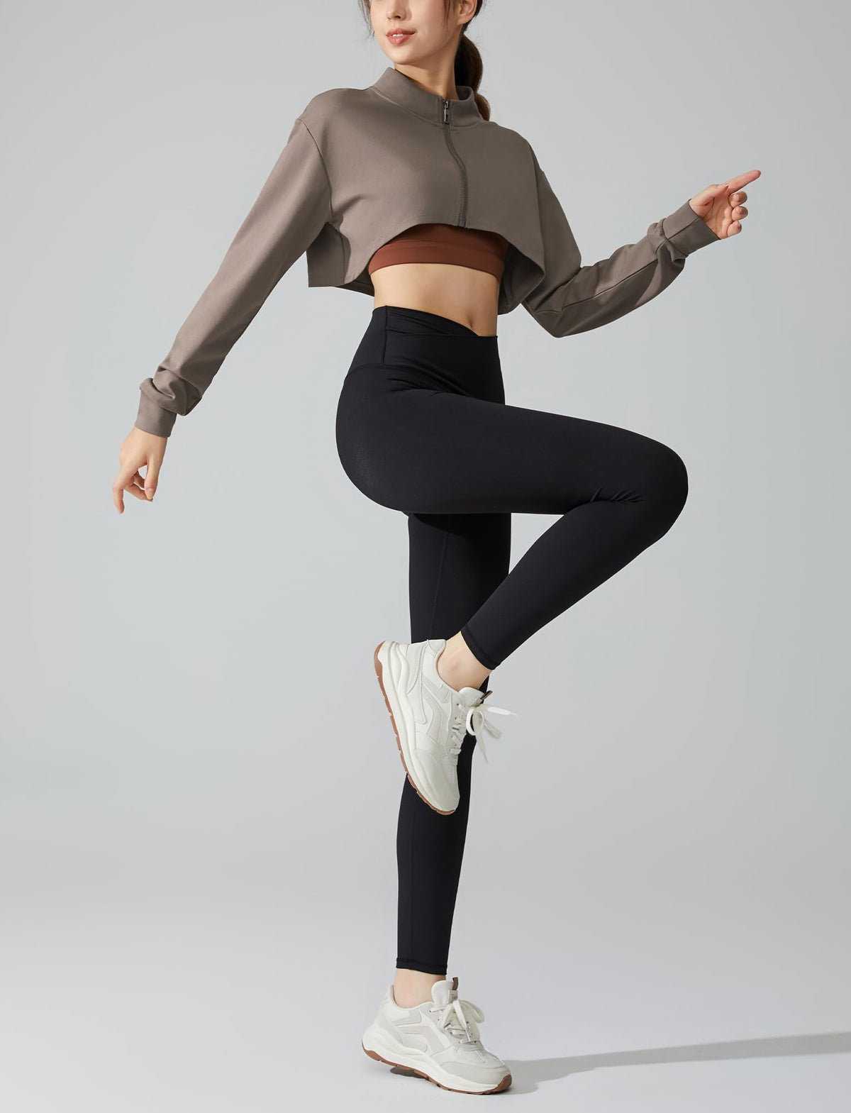 FEOYA long sleeve cropped jacket stand collar detail.