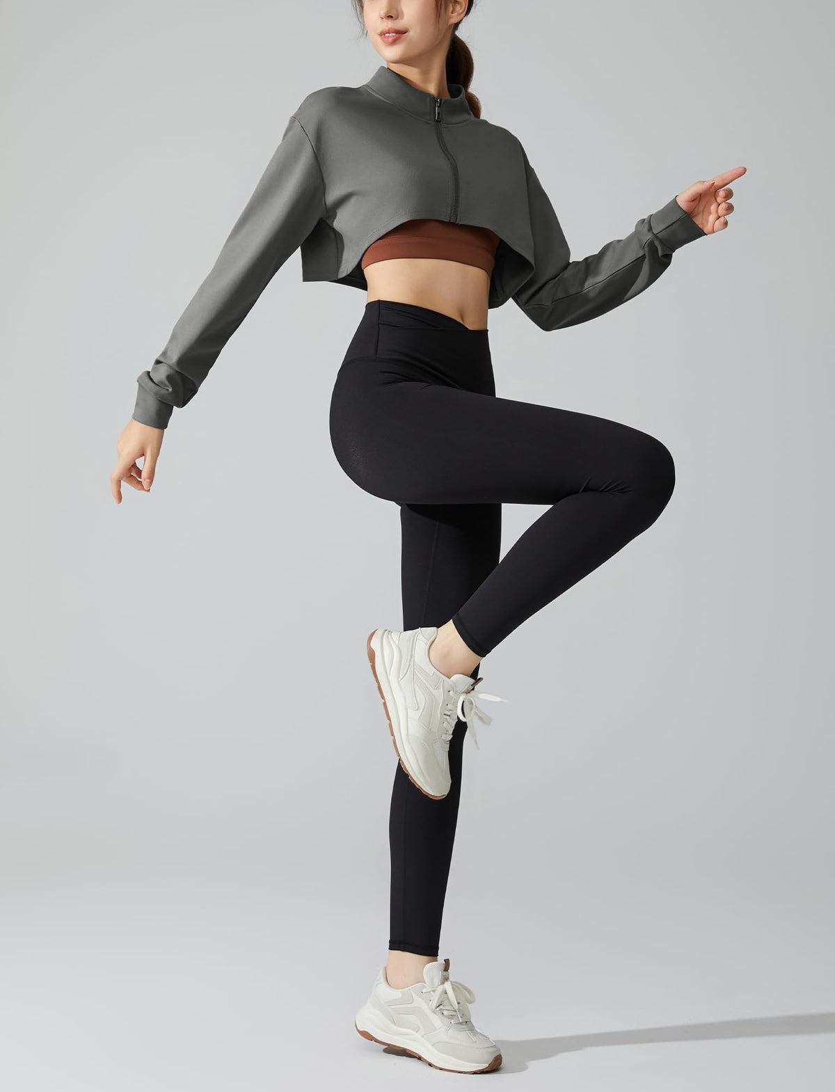 Feoya loose-hem cropped fit jacket in grey, pairs with leggings or jeans.