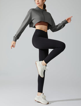 Feoya loose-hem cropped fit jacket in grey, pairs with leggings or jeans.