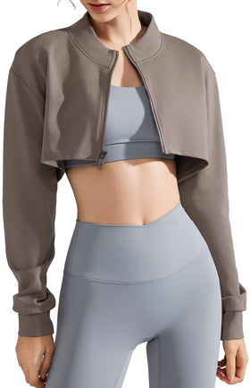 FEOYA womens cropped jacket front view for versatile workouts.