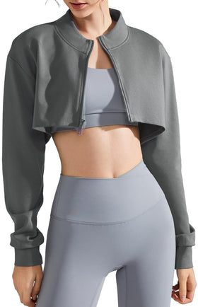 Feoya zip up workout jacket with stand collar in grey, ideal for workouts and everyday layering.