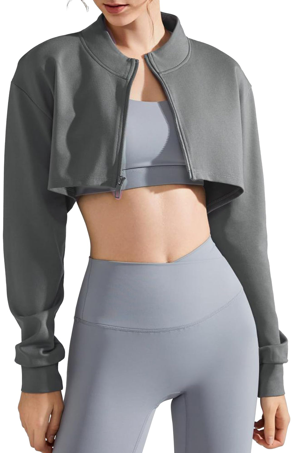 Feoya zip up workout jacket with stand collar in grey, ideal for workouts and everyday layering.