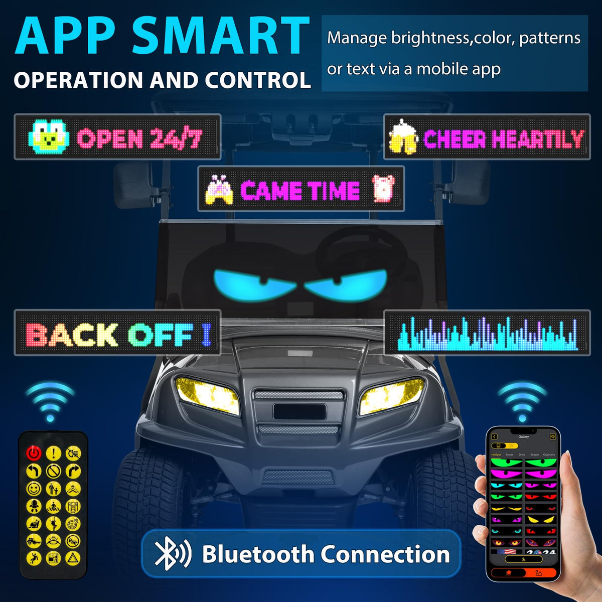 Fetusi LED display on windshield with app control for easy customization
