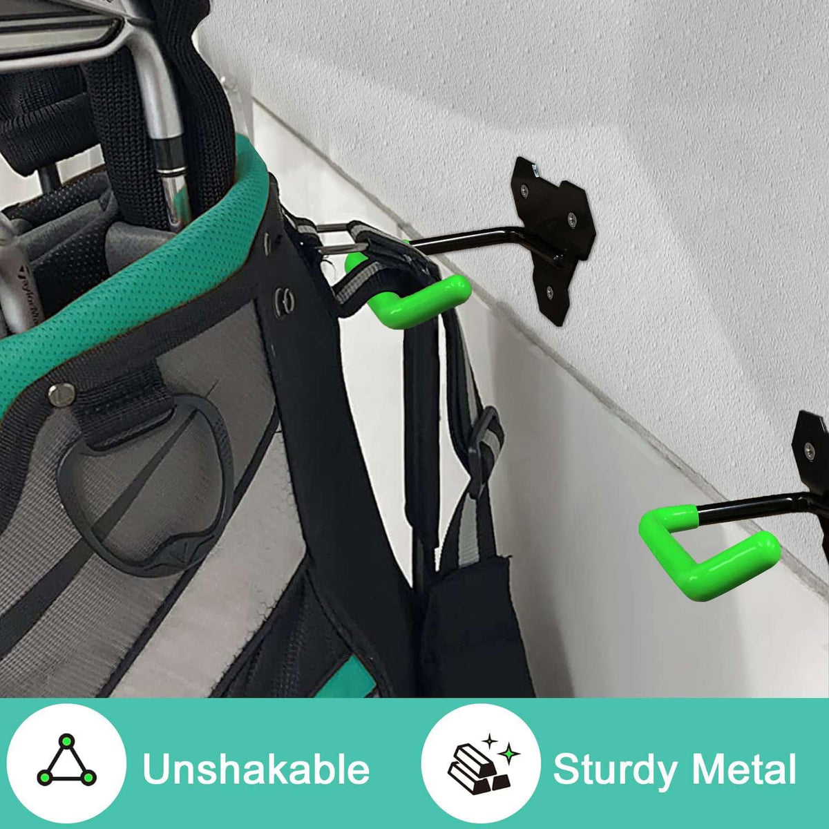 FEYRUN garage organization racks securing golf bags on a sturdy wall mount.