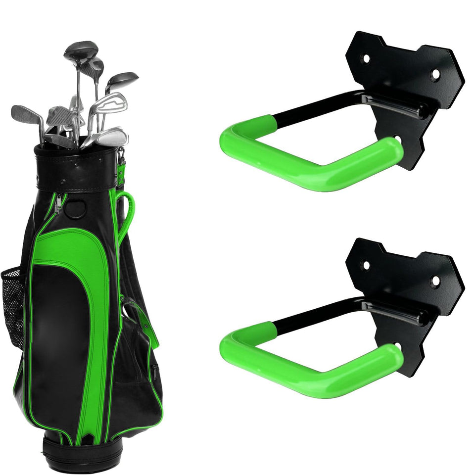 FEYRUN wall-mounted golf bag hook holding two bags for clutter-free garage space.