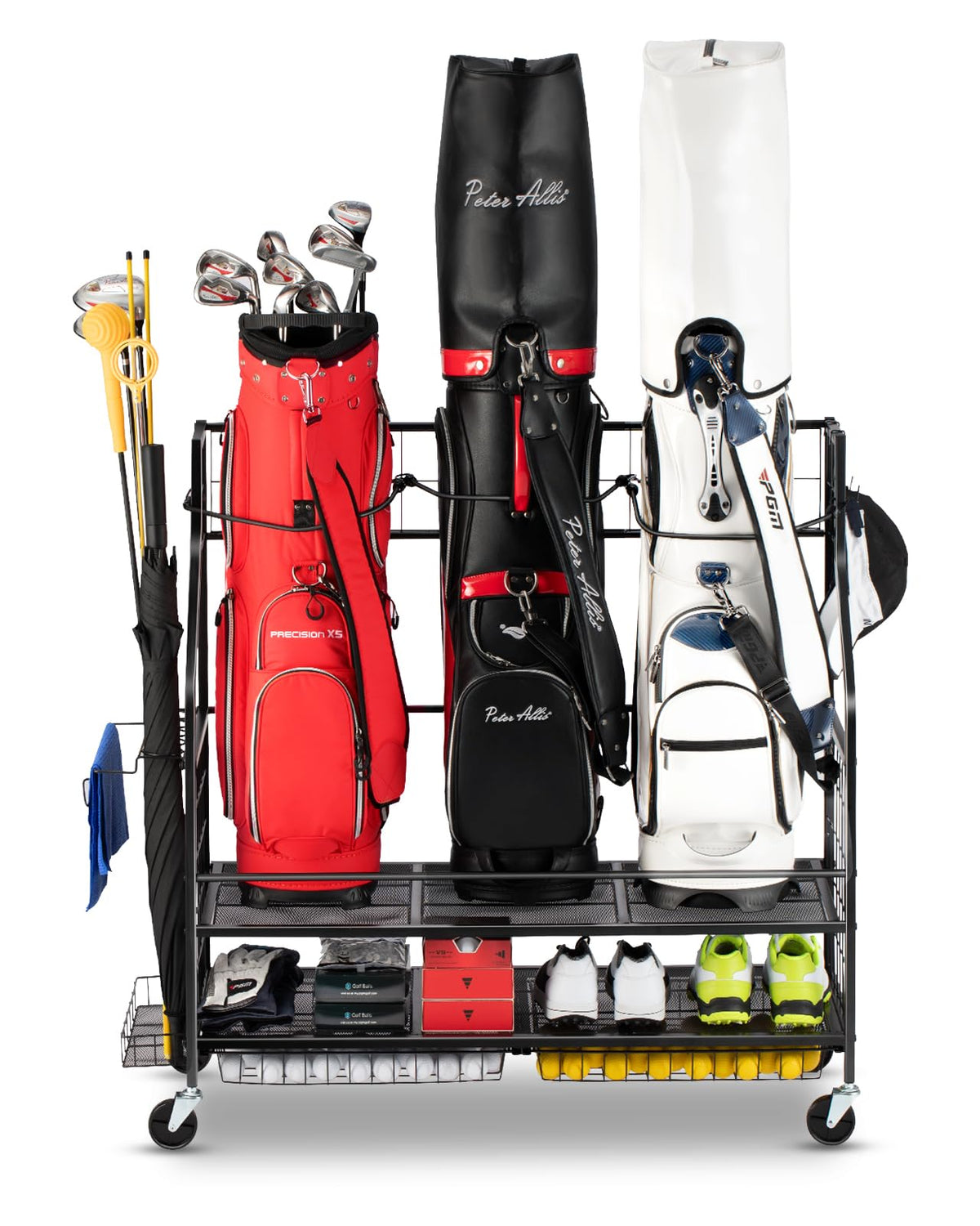 FHXZH 3 Golf Bag Storage Organizer keeping three bags neatly stored in the garage.