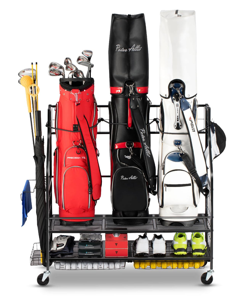 FHXZH 3 Golf Bag Storage Organizer keeping three bags neatly stored in the garage.