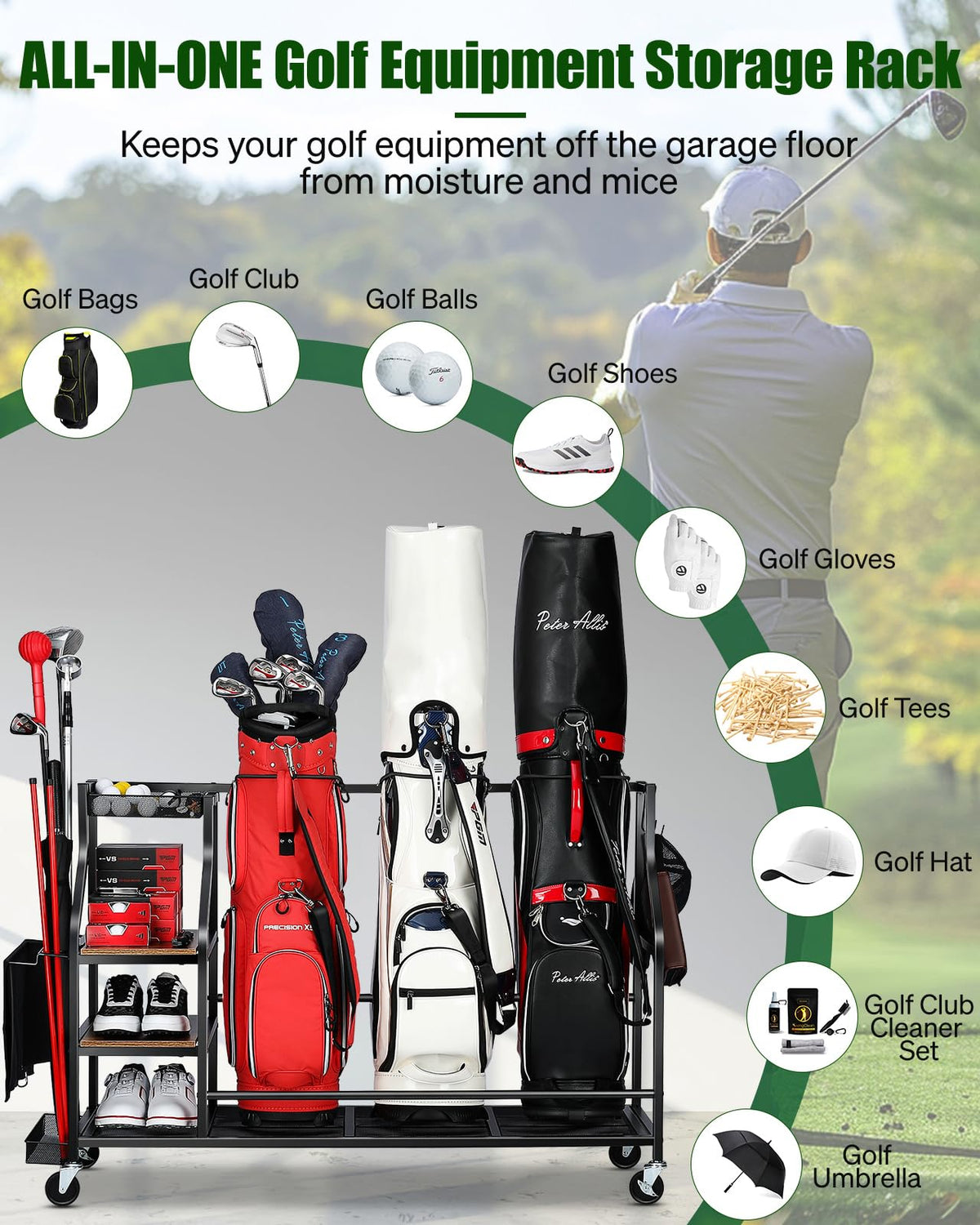 FHXZH easy-assembly golf rack ships with labeled parts and instructions.