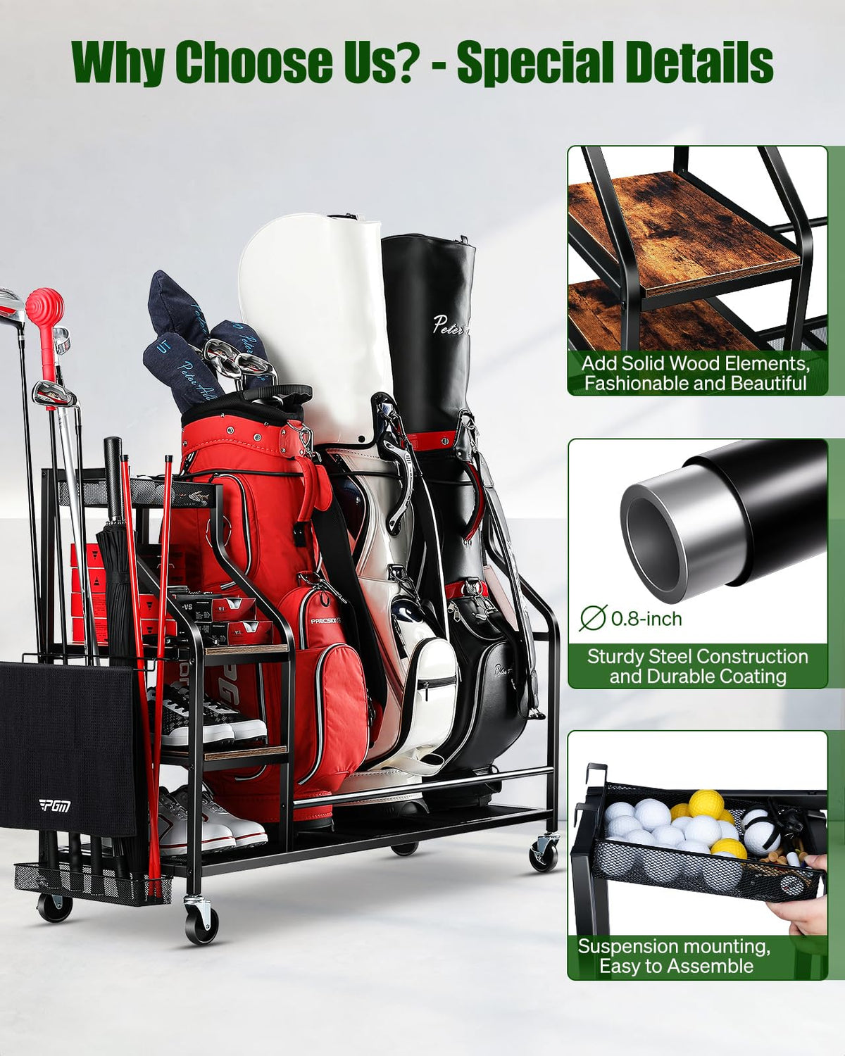 FHXZH garage golf club organizer elevates gear off the floor and within reach.