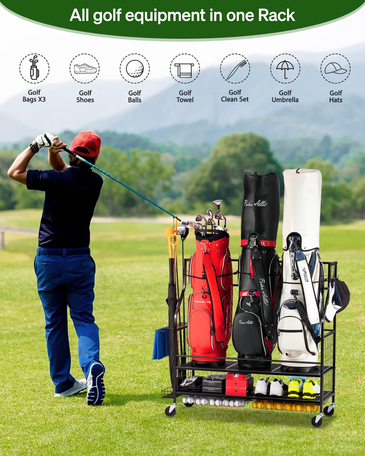FHXZH golf bag storage shelf holds shoes, gloves, and accessories for quick access.
