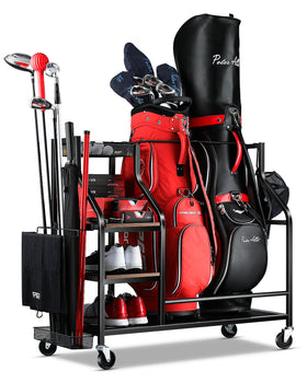 FHXZH golf bag organizer stand holding two bags to keep gear off the floor.