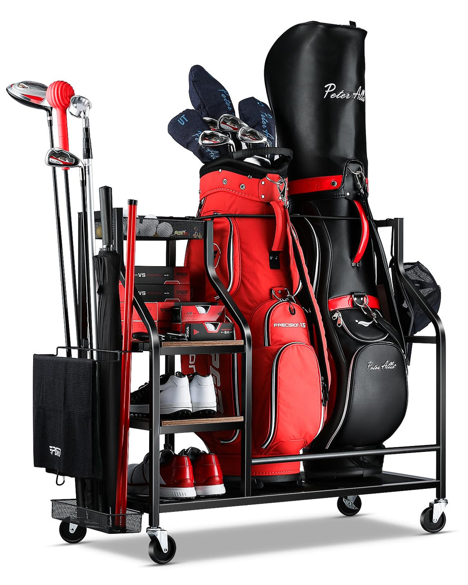 FHXZH golf bag organizer stand holding two bags to keep gear off the floor.