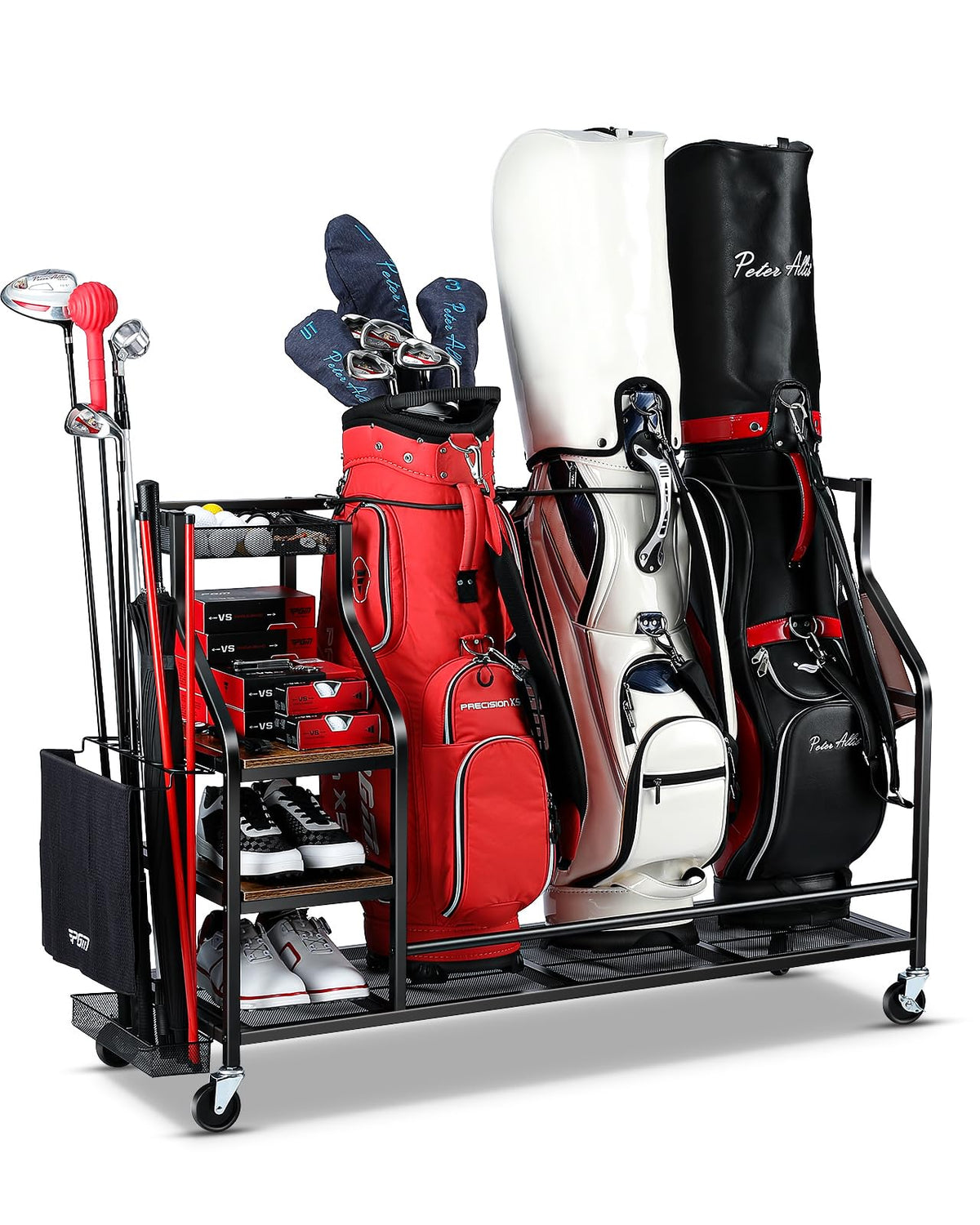 FHXZH golf bag organizer stand keeps clubs neatly ready in the garage.