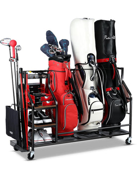 FHXZH golf bag organizer stand keeps clubs neatly ready in the garage.