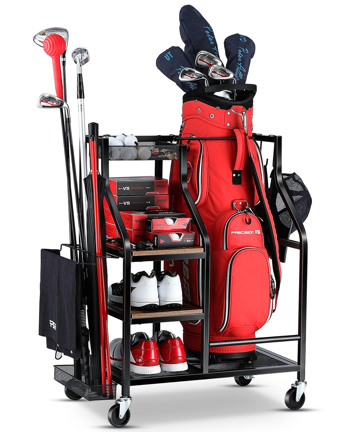 FHXZH golf bag stand front view showing organized storage for bags and clubs.