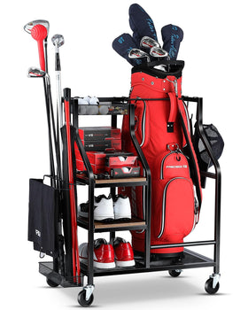 FHXZH golf bag stand front view showing organized storage for bags and clubs.