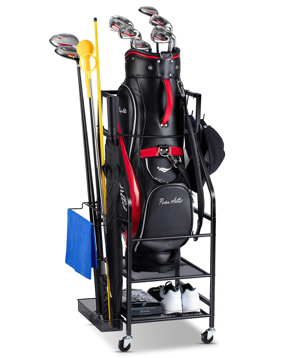 FHXZH Golf Bag Stand front view showing compact, organized storage for golf gear