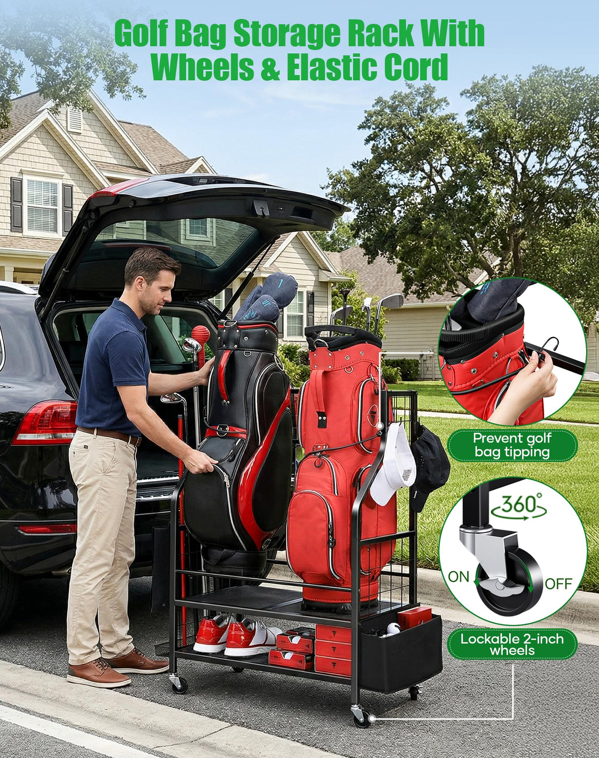 FHXZH Golf Bag Storage Rack elastic cord keeps bags secure while moving