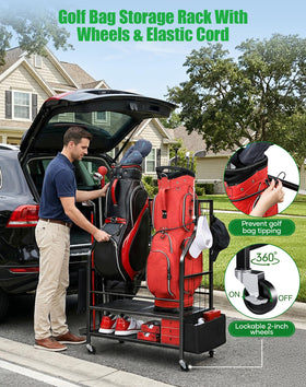 FHXZH Golf Bag Storage Rack elastic cord keeps bags secure while moving
