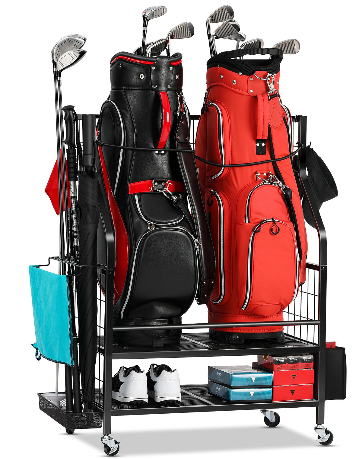 FHXZH Golf Bag Storage Rack assembled, showing a sturdy two-tier frame for organization