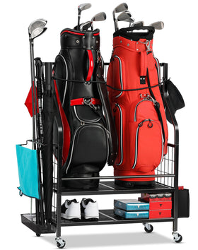 FHXZH Golf Bag Storage Rack assembled, showing a sturdy two-tier frame for organization
