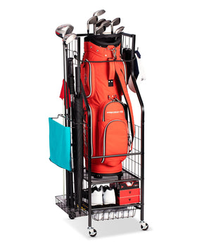 FHXZH golf bag storage rack front view shows compact garage organization