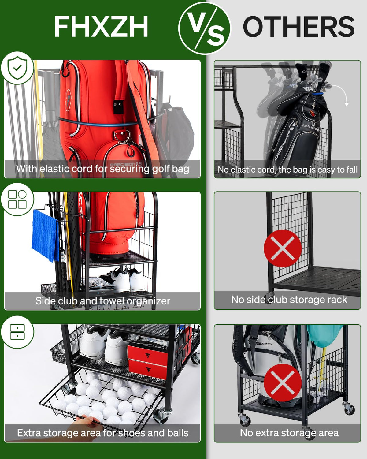 FHXZH golf bag storage rack with wheels for easy moving indoors or outdoors