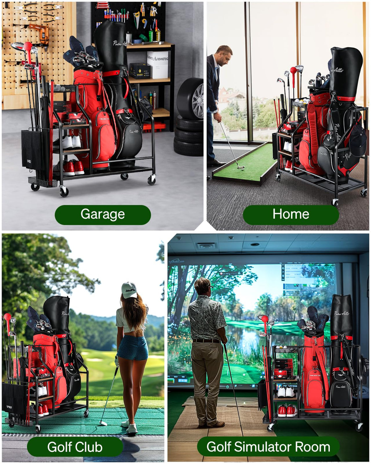 FHXZH golf bag storage rack with wheels makes moving the setup effortless.