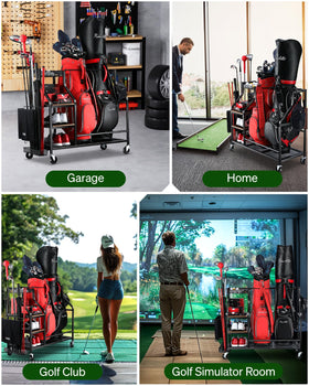 FHXZH golf bag storage rack with wheels makes moving the setup effortless.