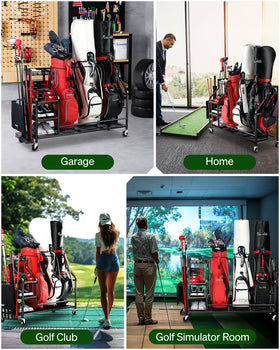 FHXZH golf bag storage rack with wheels for easy mobility and cleaning.