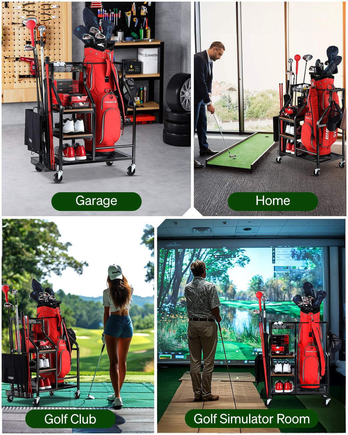 FHXZH golf bag storage rack with wheels for easy relocation.