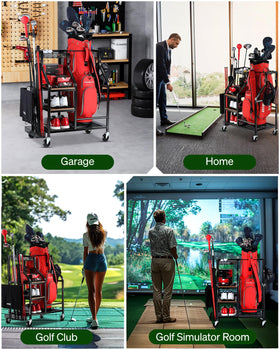 FHXZH golf bag storage rack with wheels for easy relocation.