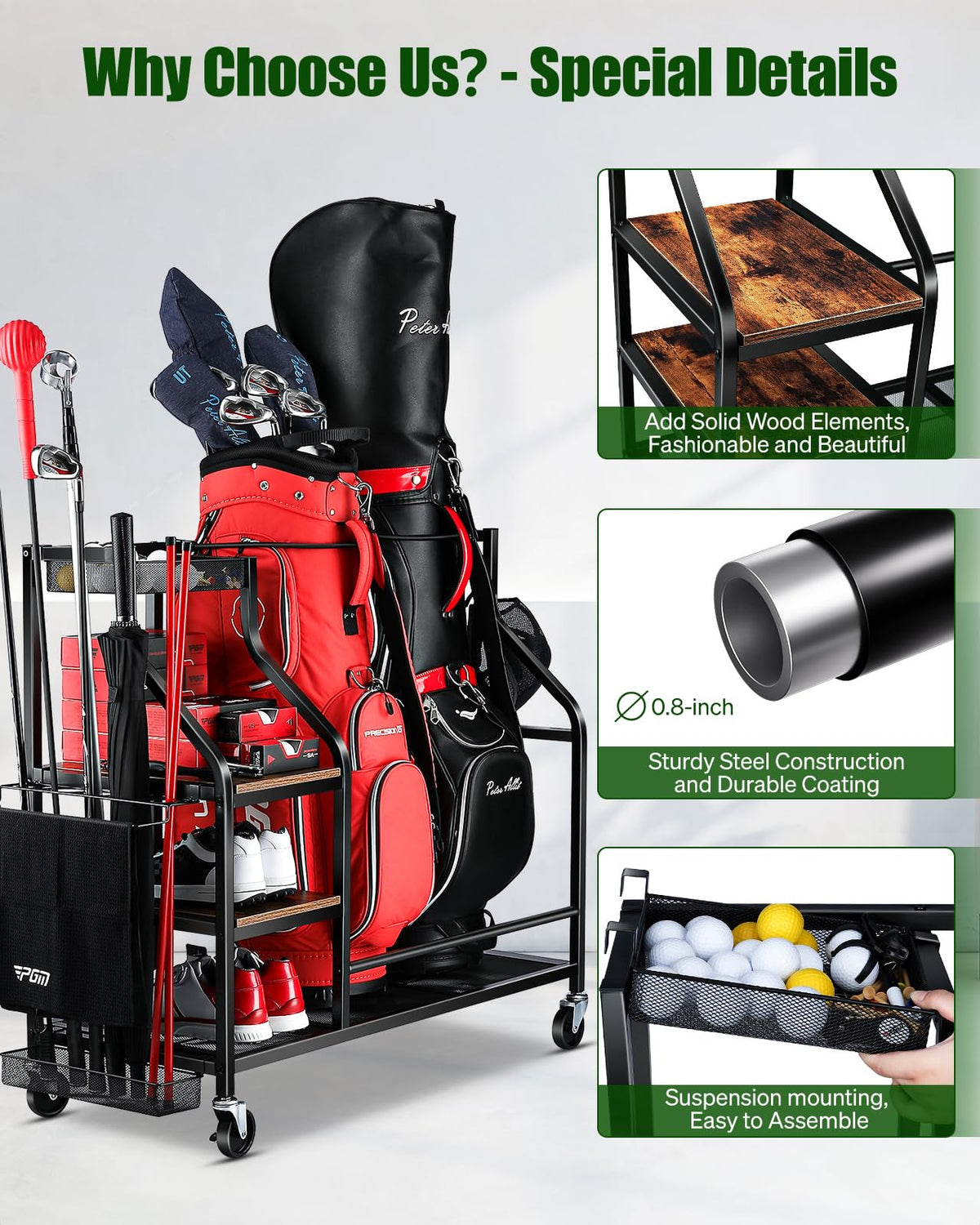 FHXZH equipment organizer stand neatly stores clubs, balls, and gloves.